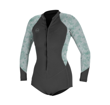 O'NEILL WOMEN'S BAHIA 2/1MM FRONT ZIP SHORT L/S SPRING WETSUIT GRAPHITE MIRAGE OCEAN