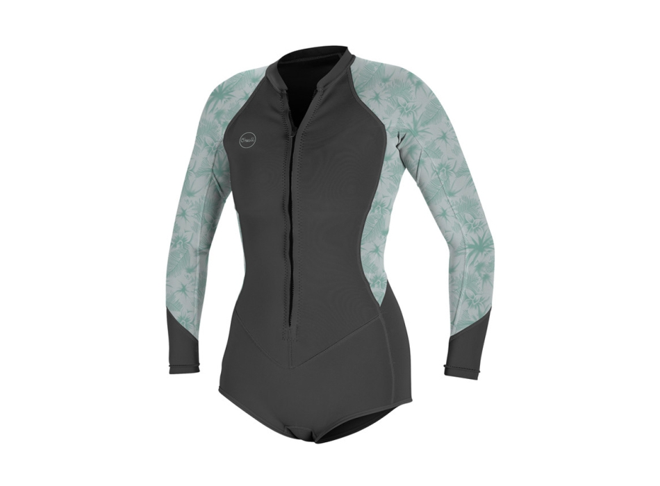 O'NEILL WOMEN'S BAHIA 2/1MM FRONT ZIP SHORT L/S SPRING WETSUIT GRAPHITE MIRAGE OCEAN