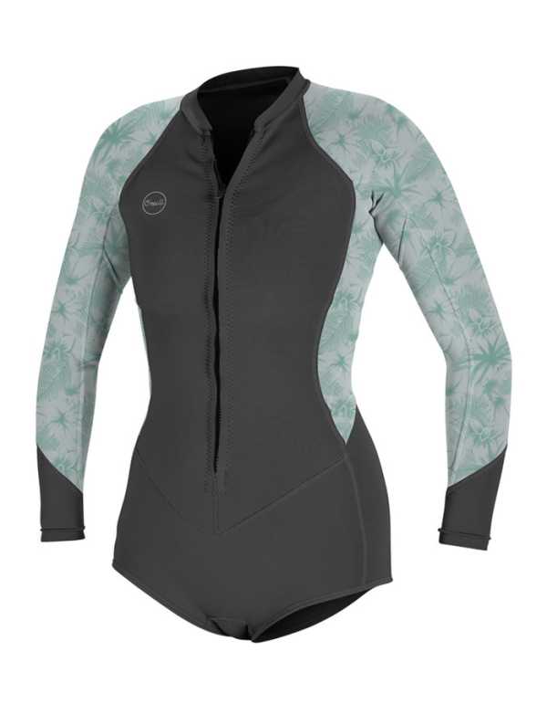 O'NEILL WOMEN'S BAHIA 2/1MM FRONT ZIP SHORT L/S SPRING WETSUIT GRAPHITE MIRAGE OCEAN