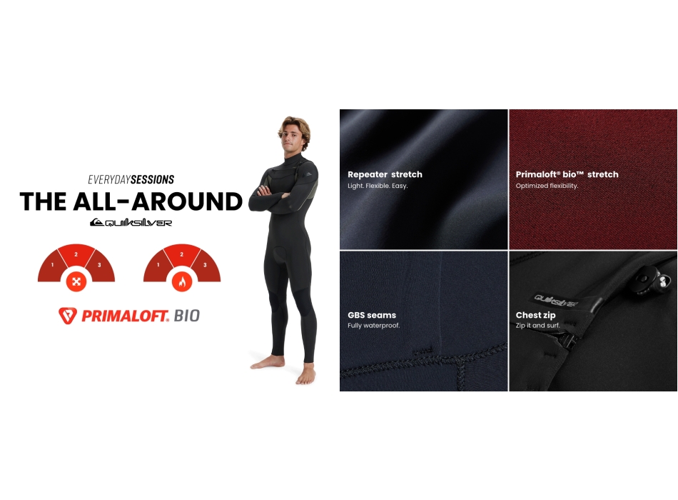 QUIKSILVER 5/4/3 EVERYDAY SESSIONS HOODED CHEST ZIP WETSUIT PRIMALOFT