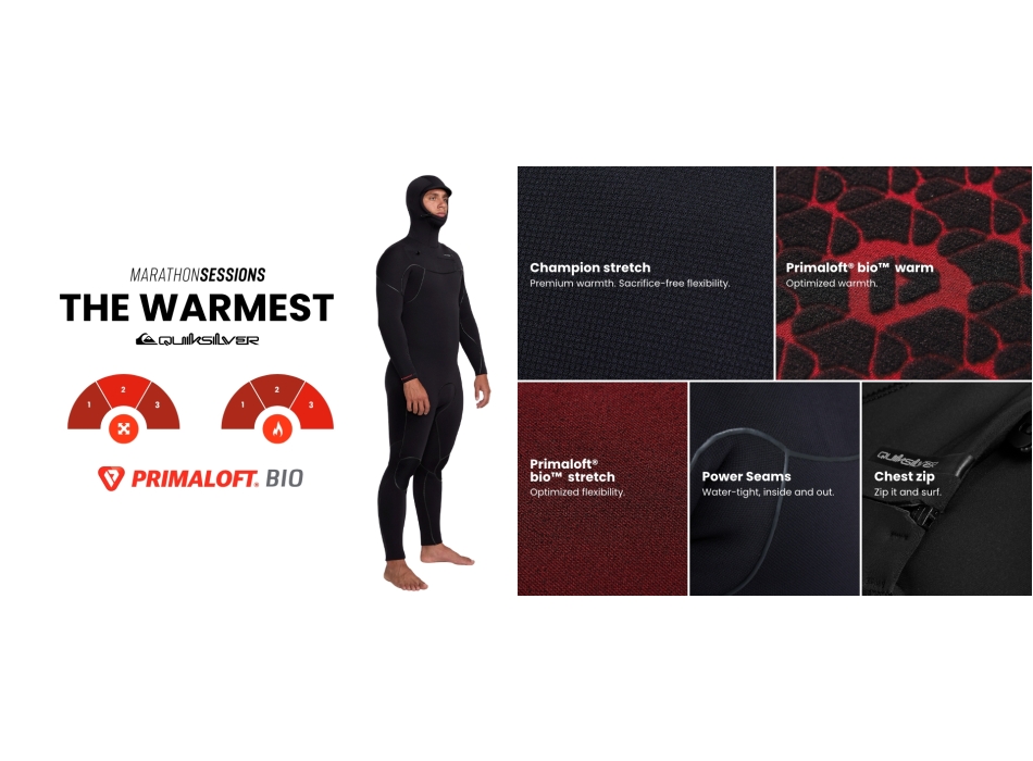 QUIKSILVER 5/4 MARATHON SESSION HOODED CHEST ZIP WETSUIT BLACK