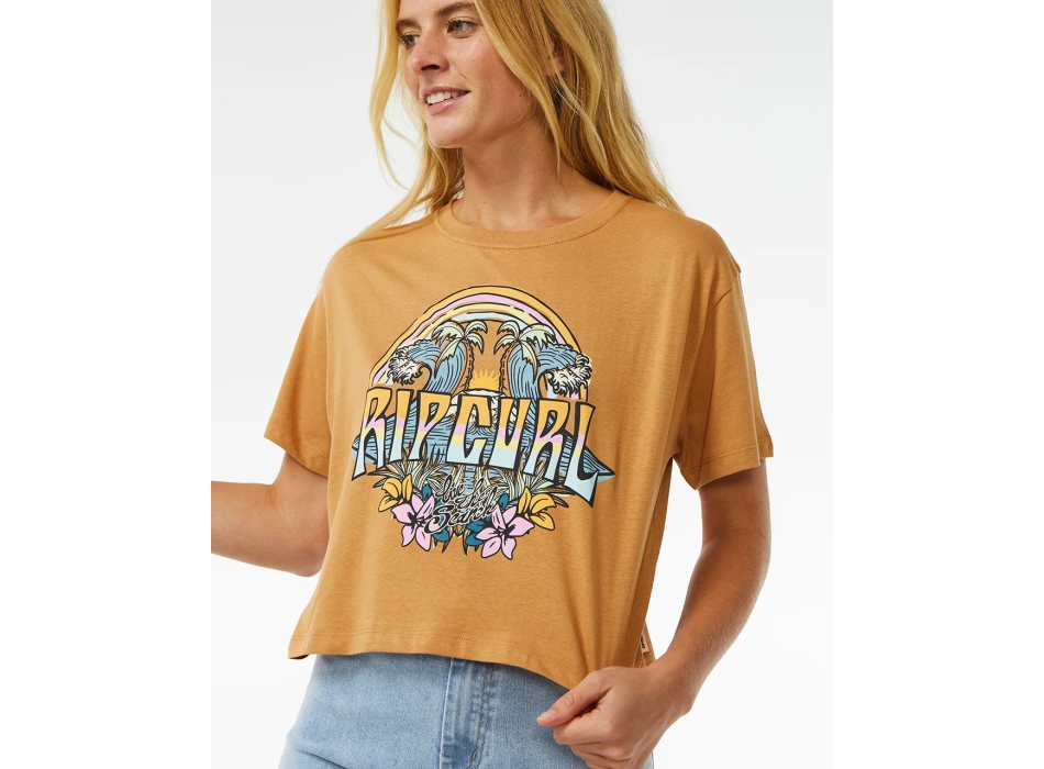 RIP CURL BLOCK PARTY CROP TEE LIGHT BROWN