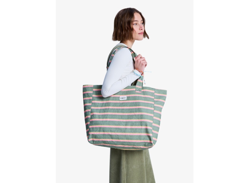 ROXY ANTI BAD VIBES LARGE TOTE BAG OIL GREEN SAY IT WITH STRIPES