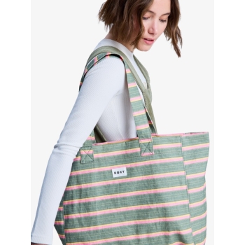 ROXY ANTI BAD VIBES LARGE TOTE BAG OIL GREEN SAY IT WITH STRIPES