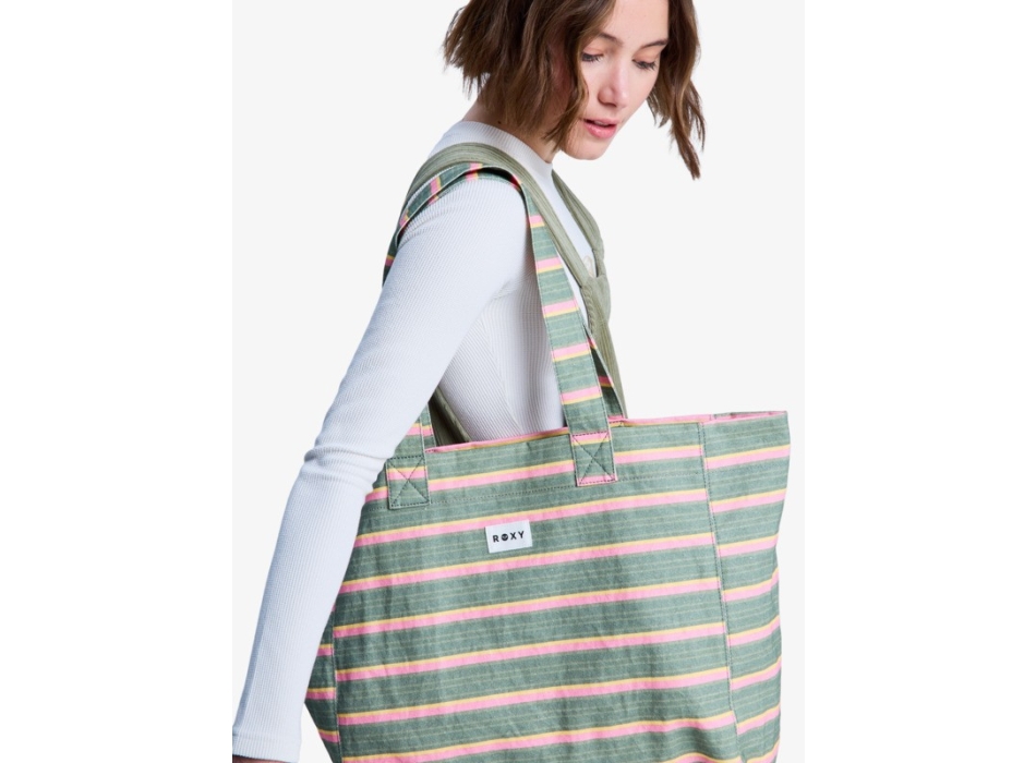 ROXY ANTI BAD VIBES LARGE TOTE BAG OIL GREEN SAY IT WITH STRIPES