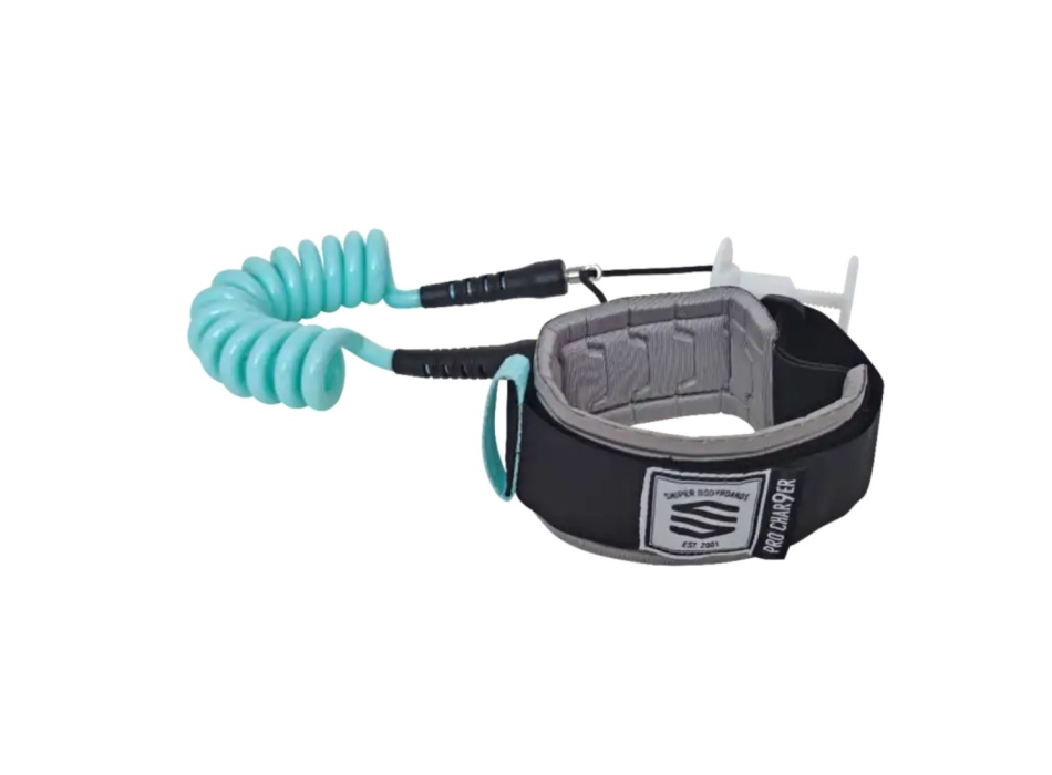SNIPER COIL LEASH BODYBOARD LAVERNHE CHARG9ER SIZE S/M TEAL/SILVER