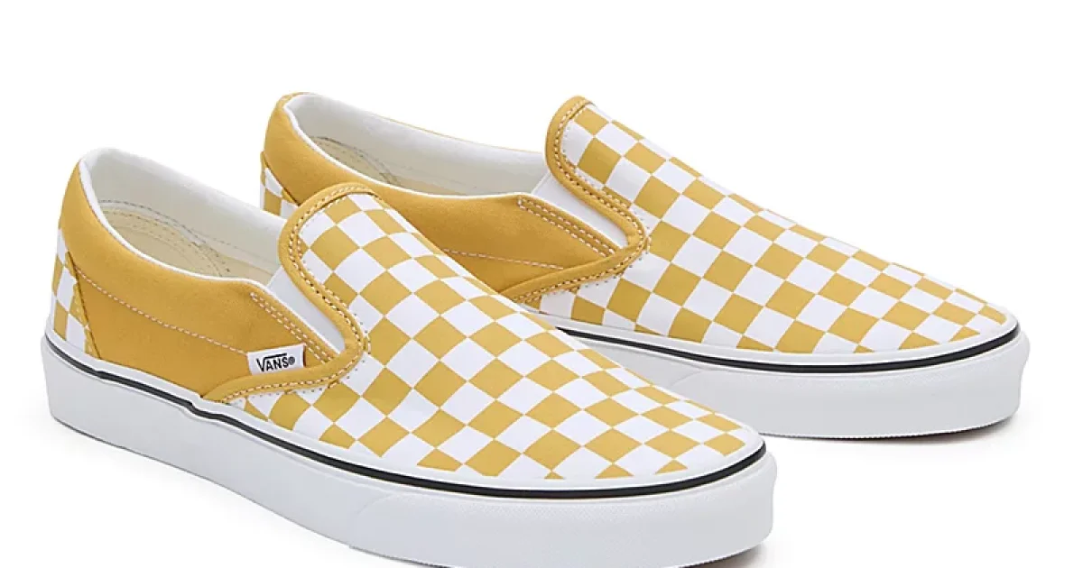 Black and yellow checkered slip on vans top
